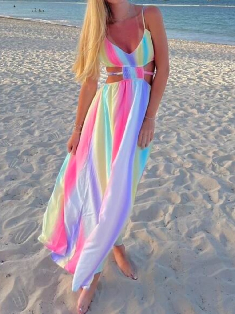 NEW Pastel Rainbow Watercolor Ombré Cutout Maxi Dress